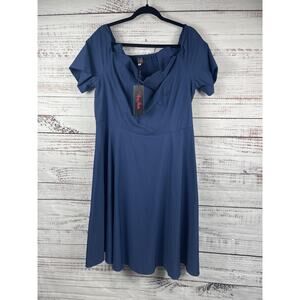 Hanna Nicole Dress Women's 2XL Navy Blue Short Sleeve Smocked Back A-Line Midi